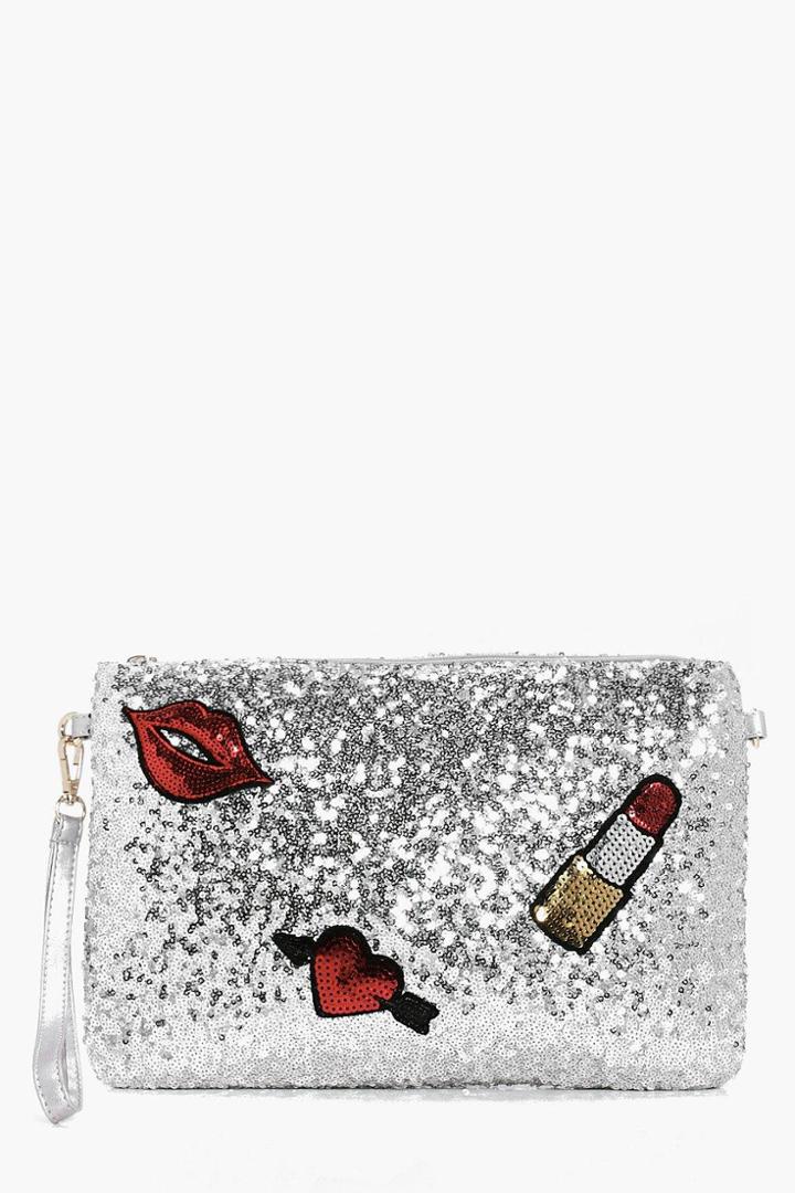 Boohoo Scarlet Sequin Patch Detail Clutch Bag Silver
