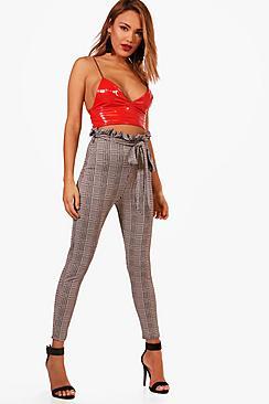 Boohoo Skye Check Paperbag Tie Waist Trousers