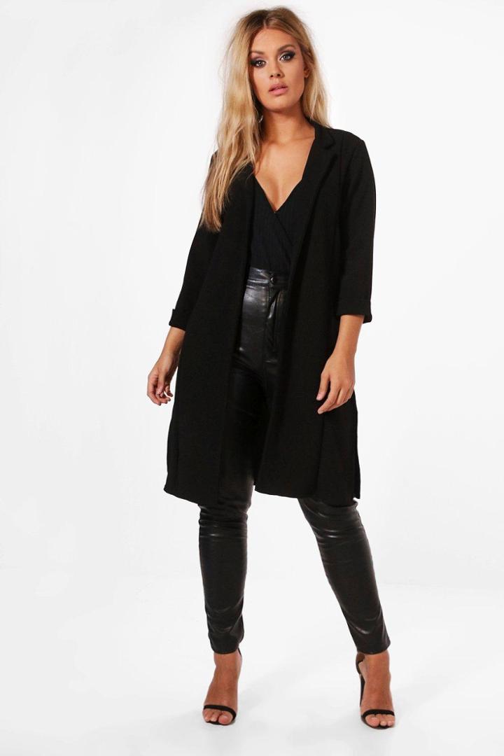Boohoo Plus Lucy Roll Sleeve Side Split Duster Coat Black