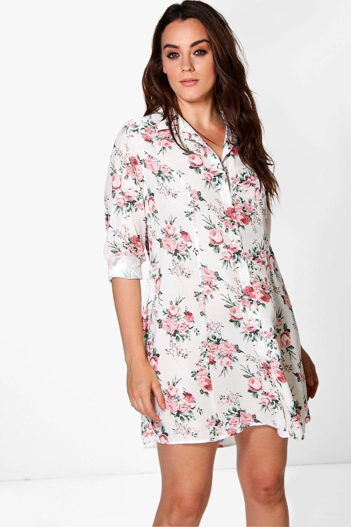 Boohoo Plus Orla Floral Lace Back Shirt Dress Cream