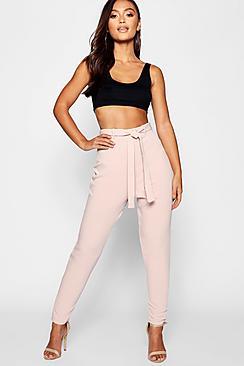 Boohoo Petite Tie Waist Slim Leg Trouser