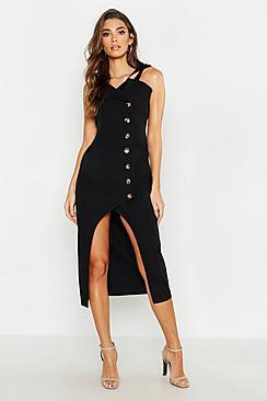 Boohoo Horn Button Asymetric Pinafore Dress