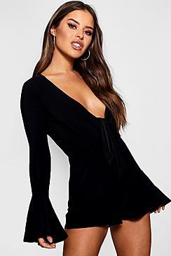 Boohoo Petite Fran Slinky Know Front Flare Sleeve Playsuit