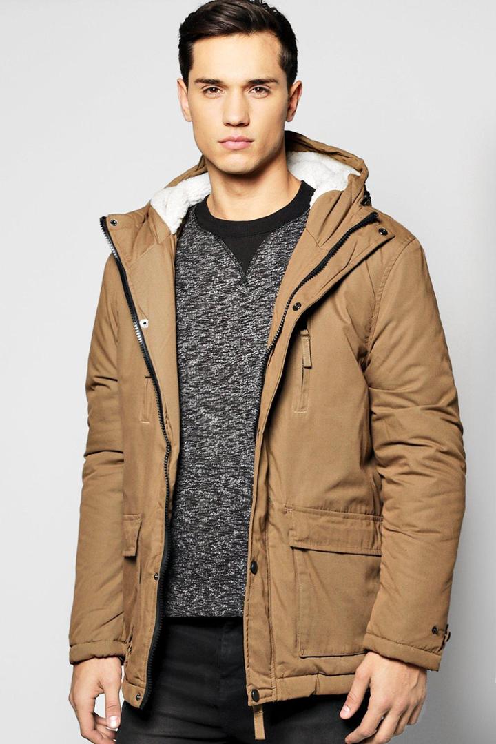 Boohoo Borg Lined Double Pocket Parka Tan