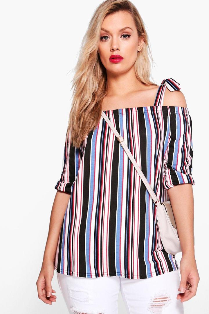 Boohoo Plus Lizzie Tie Bardot Stripe Top Multi