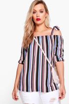 Boohoo Plus Lizzie Tie Bardot Stripe Top Multi