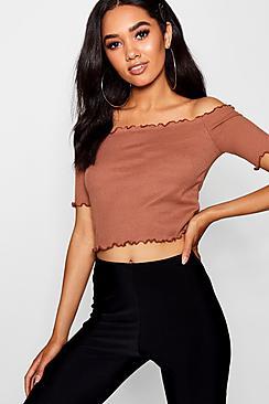 Boohoo Petite Hana Lettuce Hem Rib Bardot Crop Top