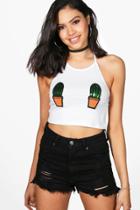 Boohoo Sadie Cactus Applique Halter Crop White