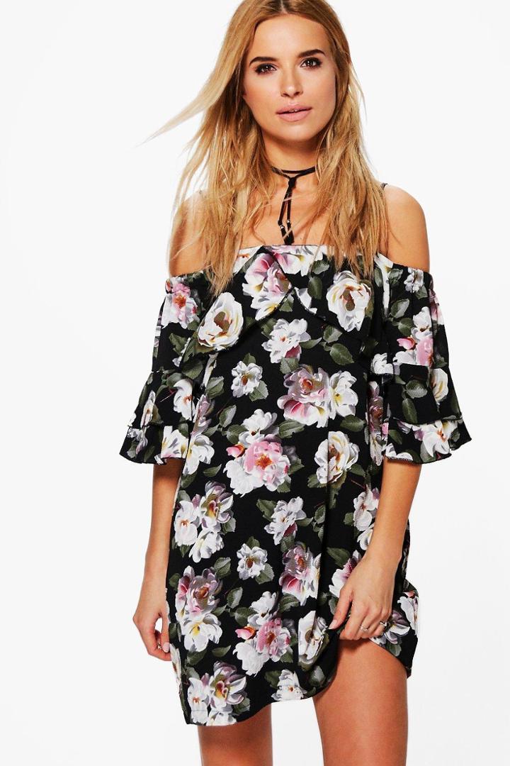 Boohoo Araceli Off Shoulder Ruffle Shift Dress Black
