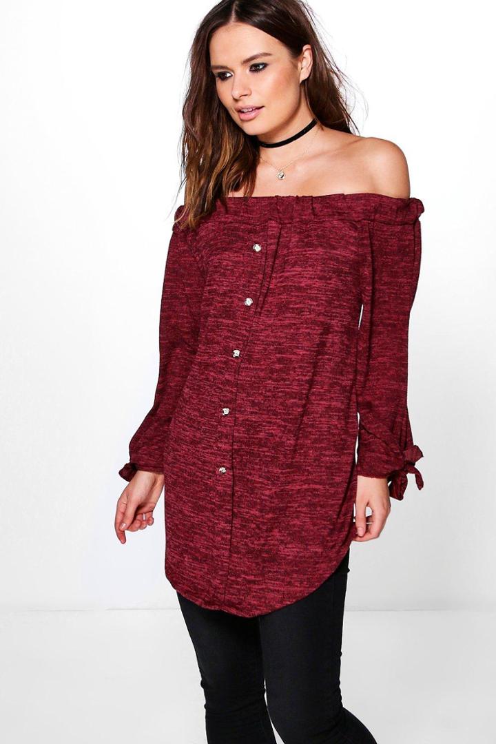 Boohoo Lacey Tie Sleeve Bardot Top Wine