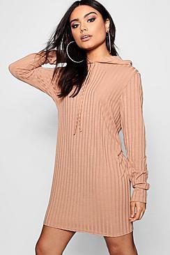 Boohoo Oversized Hooded Rib Knit Dress