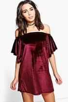 Boohoo Adina Velvet Frill Off Shoulder Shift Dress