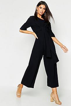 Boohoo Linen Twist Tie Culotte Jumpsuit