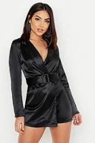 Boohoo Satin Self Belted Long Sleeve Playsuit