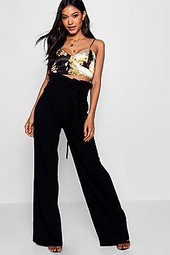 Boohoo Penny Paperbag Waist Crepe Wide Leg Trouser
