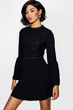 Boohoo Giselle Lace Insert Bohemian Skater Dress