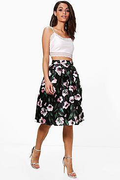 Boohoo Hope Floral Woven Box Pleat Midi Skirt