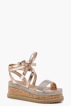 Boohoo Tia Diamante Flatform Espadrille Tie Up Sandals