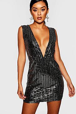 Boohoo Sequin Stripe Plunge Bodycon Mini Dress