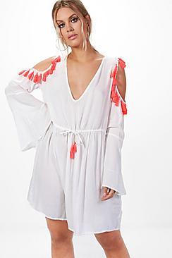 Boohoo Plus Kayla Open Shoulder Tassel Skater Dress