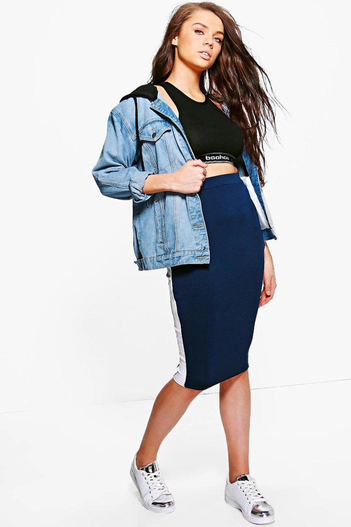 Boohoo Tanzi Contrast Side Stripe Midi Skirt Navy