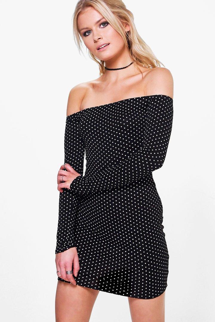 Boohoo Lucie Polka Dot Off Shoulder Bodycon Dress Black