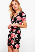 Boohoo Fallon Floral V-neck Bodycon Dress Black