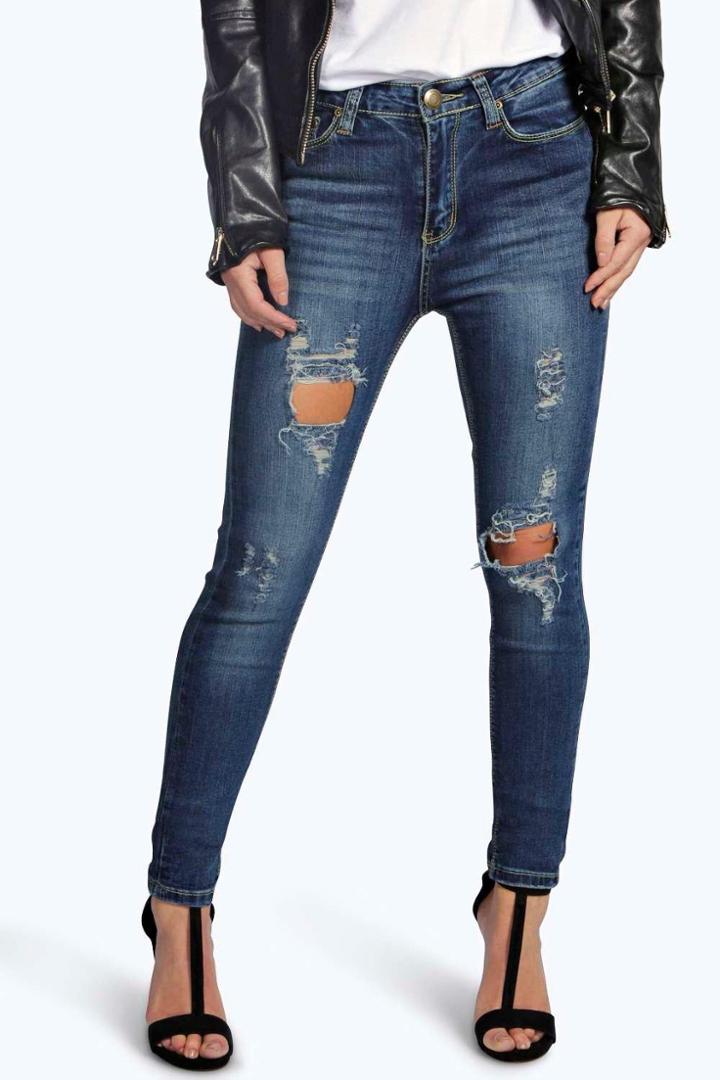 Boohoo Petite Bethany Distressed Ripped Skinny Jeans Blue