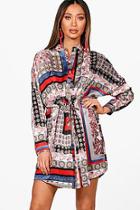 Boohoo Jess Scarf Print Tie Waist Shirt Dress