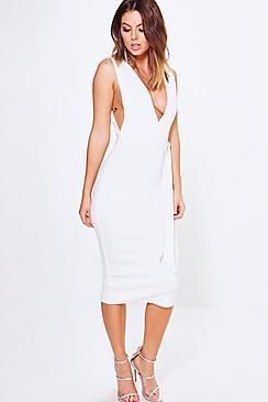 Boohoo Katy Wrap Waist Plunge Scuba Midi Dress