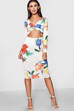 Boohoo Petite Katie Twist Front Floral Midi Dress