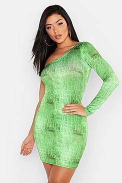 Boohoo Croc Print Slinky One Shoulder Mini Dress