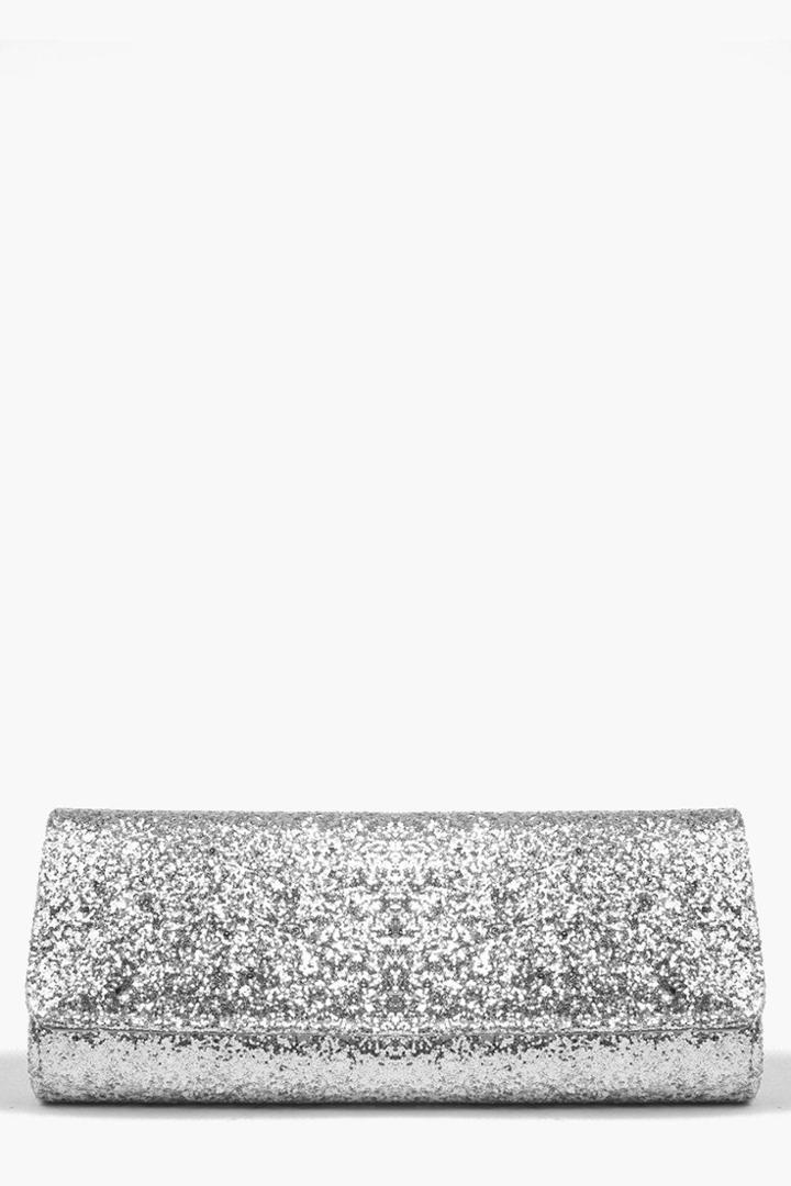 Boohoo Kara Structured Glitter Clutch Bag Silver