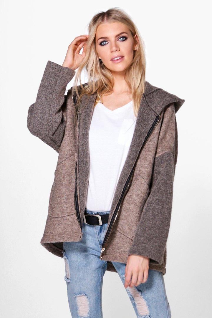 Boohoo Alicia Hooded Oversized Coat Mocha