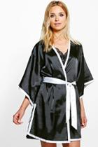 Boohoo Eva Contrast Hem Kimono Sleeve Satin Robe Black