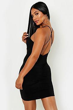 Boohoo Plunge Cross Rouche Back Mini Dress