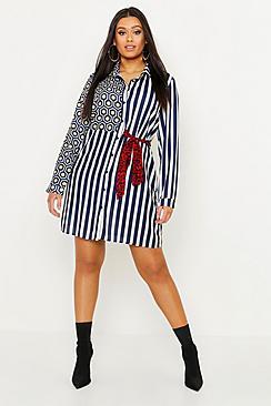 Boohoo Plus Spliced Printed Shirt Dress