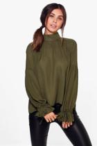 Boohoo Petite Jayne Tie Cuff Smock Blouse Khaki