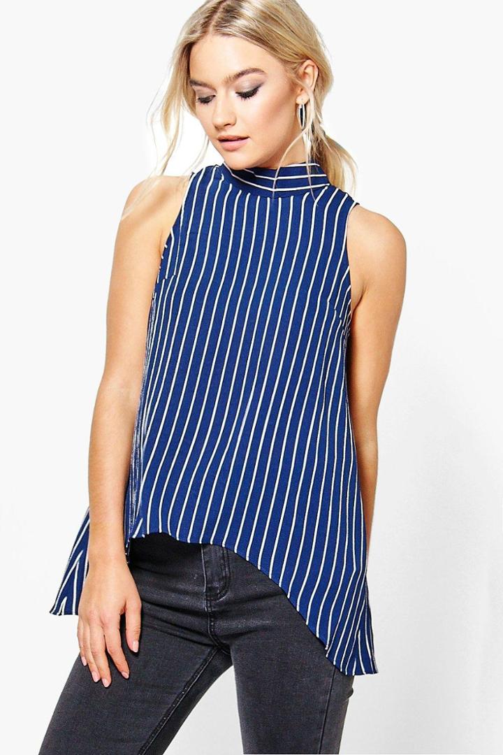 Boohoo Mia Stripe Woven High Neck Top Multi