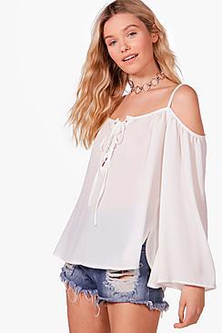 Boohoo Freya Cold Shoulder Eyelet Lace Up Top