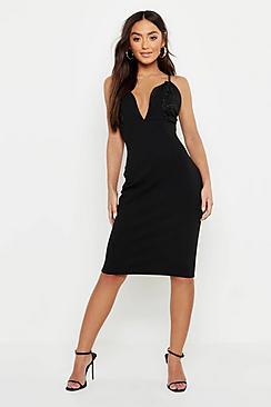 Boohoo Petite Embroidered Cup Plunge Midi Dress