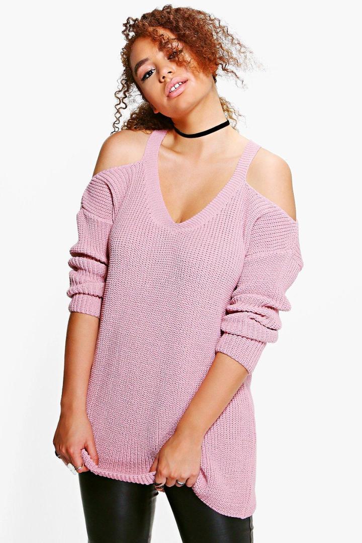 Boohoo Plus Lisa Open Shoulder Slouchy Jumper Blush