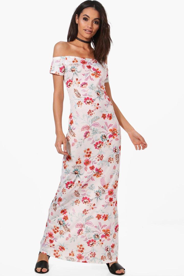 Boohoo Carolina Floral Off The Shoulder Maxi Dress Ivory