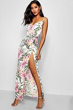 Boohoo Lottie Tropical Cowl Neck Ruched Maxi Dress