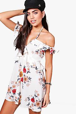 Boohoo Matilda Off The Shoulder Floral Ruffle Skater Dress