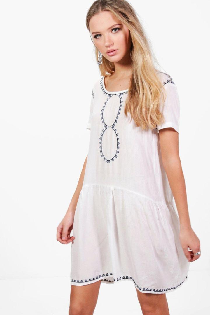 Boohoo Charlotte Printed Trim Dress Ecru