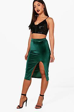 Boohoo Split Front Velvet Midi Skirts