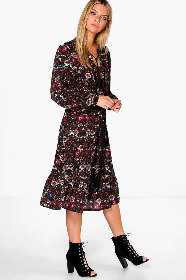 Boohoo Ella Floral Tassel Tie Long Sleeve Midi Dress Black