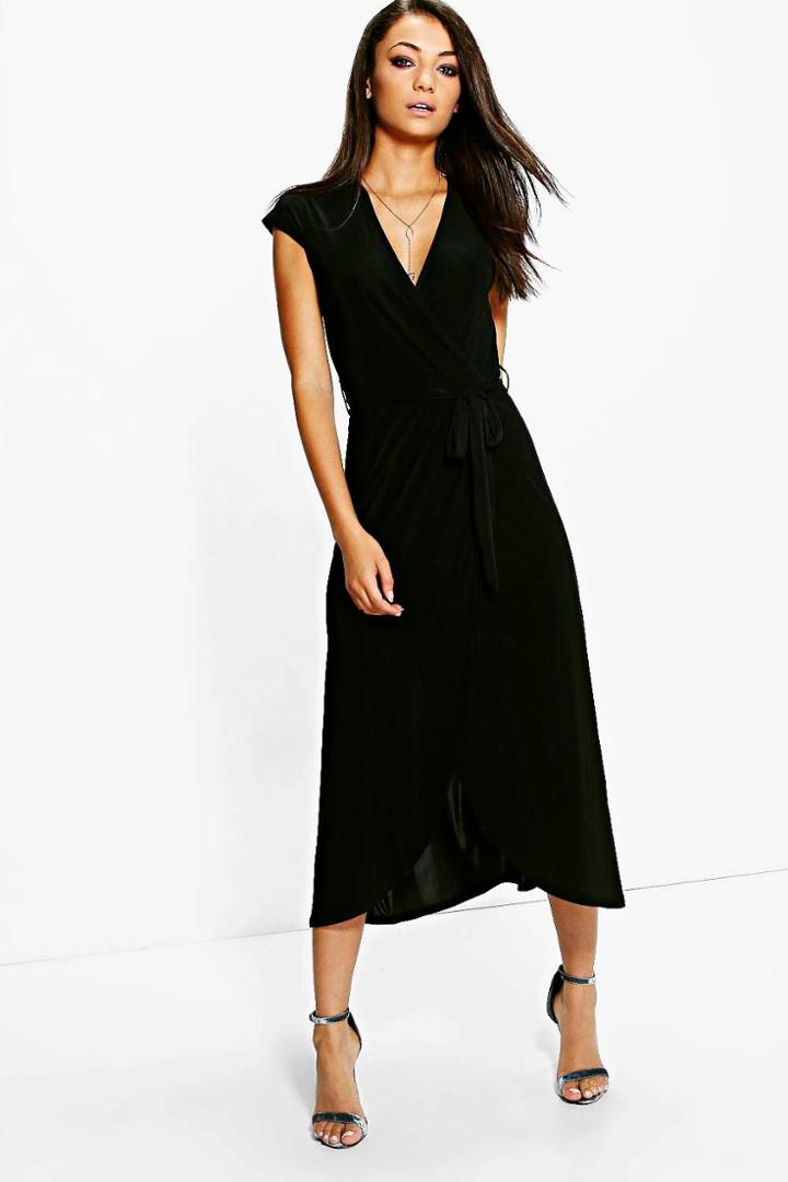 Boohoo Tall Shamira Slinky Wrap And Tie Midaxi Dress Black