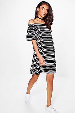 Boohoo Tall Amber Stripe Off Shoulder Swing Dress